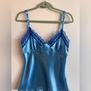 No Boundaries Blue Satin Chemise with Lace Trim
